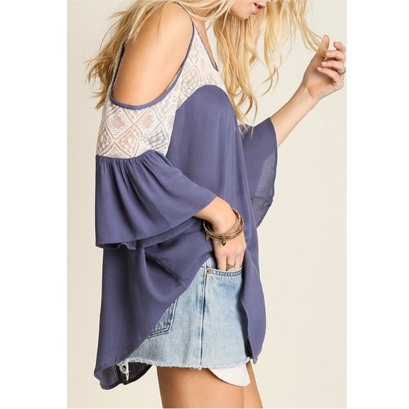 Umgee USA Cold Shoulder Boho Blouse with Crochet Lace - Size L - Picture 4 of 13